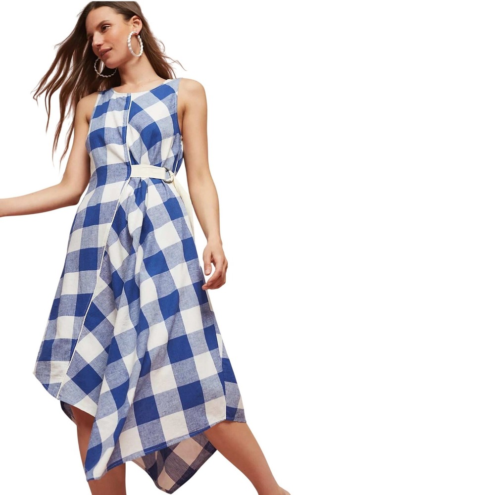 Maeve Anthropologie Dress Womens XS Blue Gingham Asymmetrical‎ Belted Picniccore